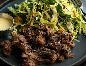 @gatherandfeast, Ashley's 5 Spice Crispy Chicken with Maple Dijon Dipping Sauce & Green Apple & Thai Basil Slaw